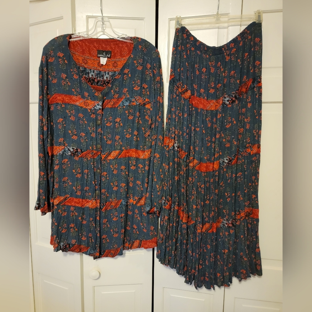 Carole Little Women's Blue and Orange Floral Skirt Set Size 12 EUC
